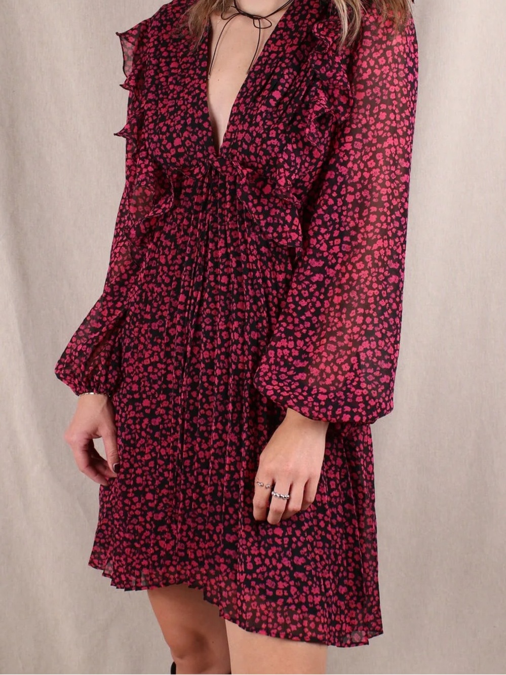 The Kooples Burgundy Pink Floral Ruffle Long-Sleeve Dress